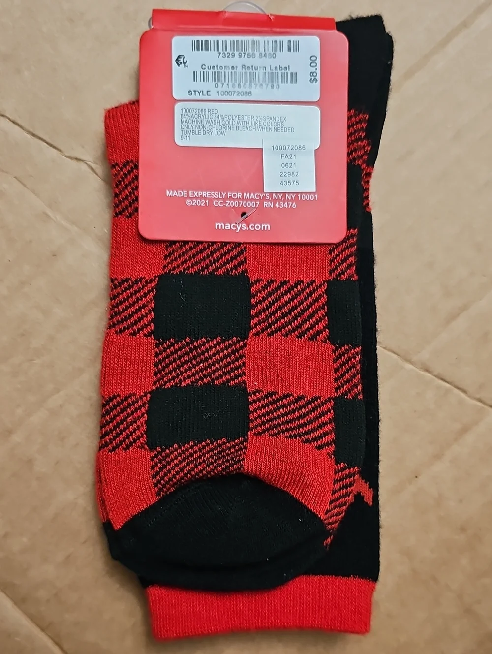 Charter Club Socks Red Black Buffalo Check Plaid Moose Crew Socks Sz. 9-11 New